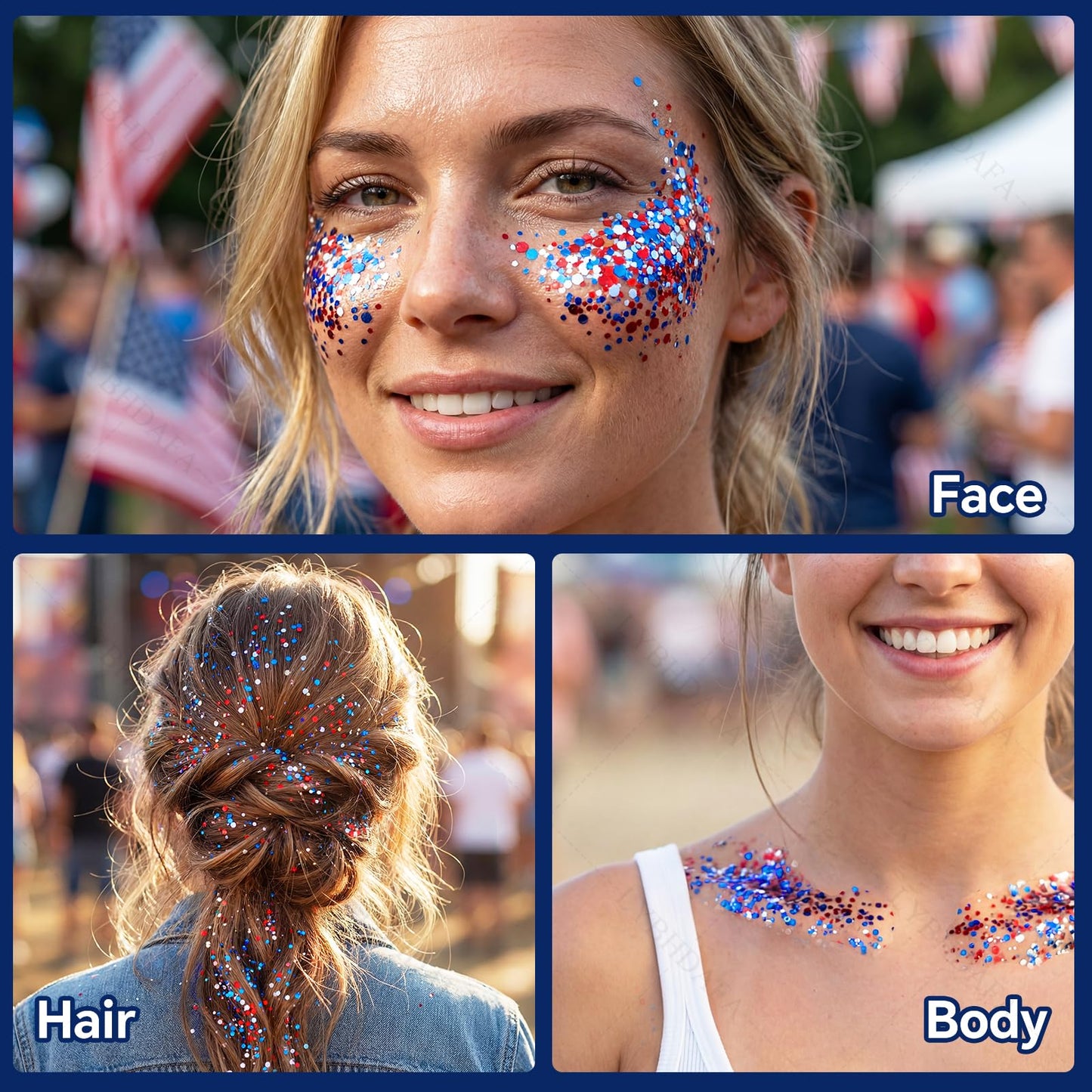 4th of July Glitter Stick | Patriotic Red White and Blue Glitter Stick for Face Body Hair, Fourth of July Accessories & Outfits for Women, USA Flag Makeup for American 250 Anniversary & Memorial Day