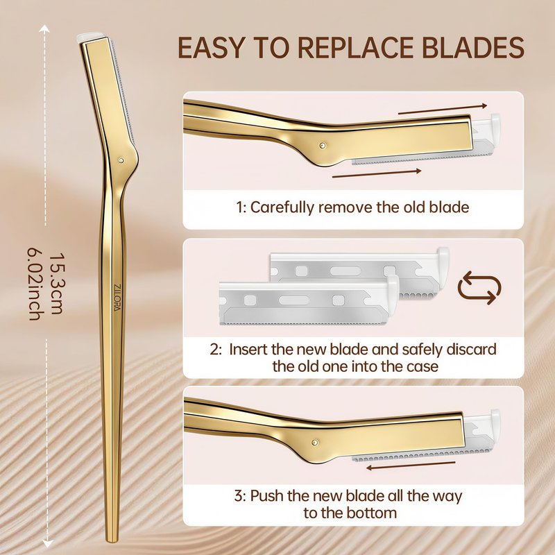 ZiLORA Metal Face Razor for Women, Dermaplaning Tool with 16 Replacement Blades (Wide & Micro), Facial Hair Remover & Eyebrow Trimmer, Gold