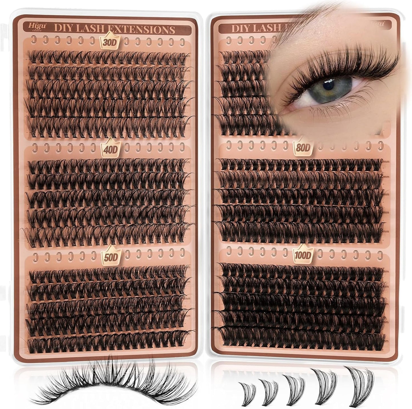 Higu clace Lash Clusters 600pcs 30D+40D+50D+60D+80D+100D Eyelash Clusters 6 Styles Mixed 10-18MM, Wispy Cluster Eyelash Extensions, Easy to Use, Can DIY at Home