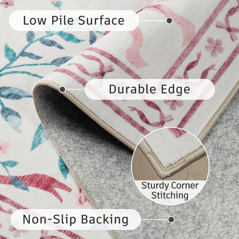 DCX Washable 9x12 Bow Rug, Pink Floral Rug for Girls’ Bedroom, Cute Soft Low Pile Indoor Décor Carpet, Kid & Pet Friendly Nursery Rug for Living Room, Dorm, Playroom