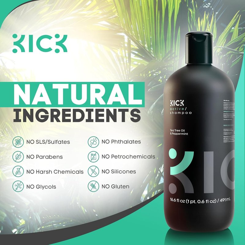 Kick Men's Shampoo - Peppermint & Tea Tree Oil Control - Sulfate-Free, Anti-Dandruff Formula | 16.6oz