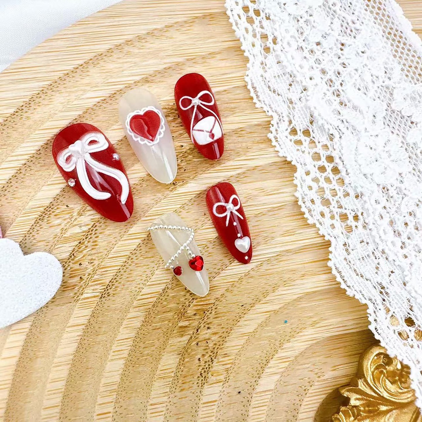 Valentine's Press-On Nails - 24 Pcs Medium Almond Acrylic Set with Heart Pearl Rhinestones & 3D Bow | Full Cover for Women