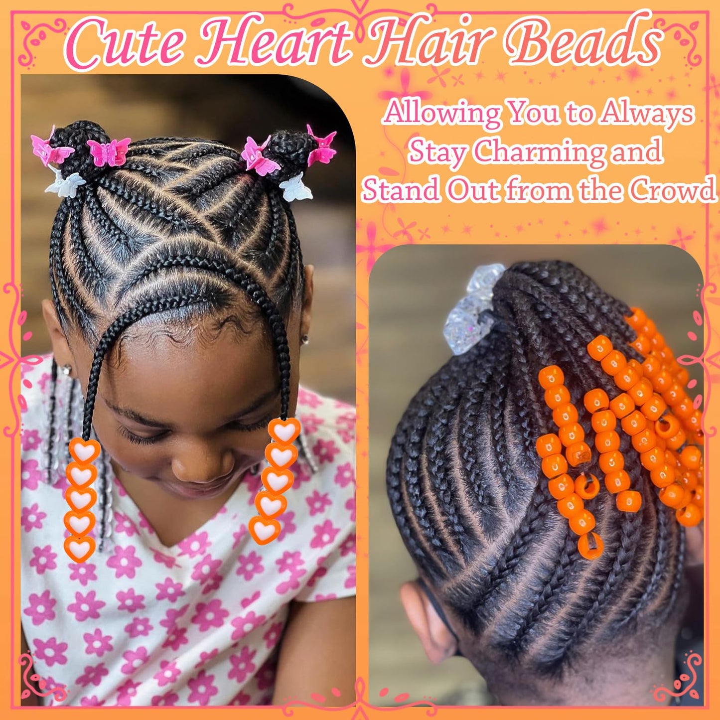 NAISKA 60PCS Orange Beads for Kids Girls Round Loc Dreadlock Beads Heart Shape Spacer Bead Acrylic Accessories for Party Decorate