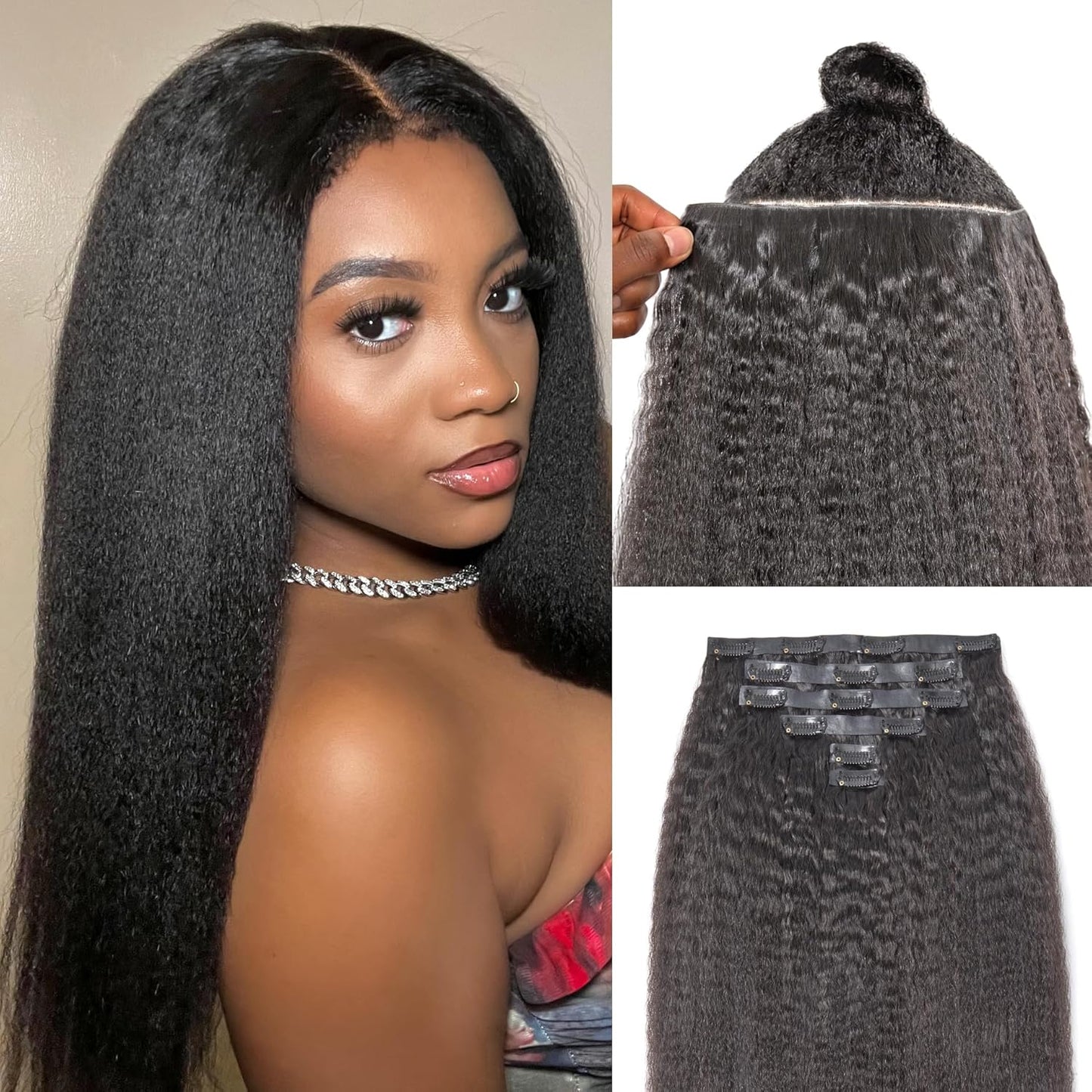 LUVME Invisible Clip-In Hair Extensions - 0.59mm Yaki Straight 24 Inch, 100% Real Human Hair, 6 Pcs 100g | Wider Wefts for Easy Sectioning