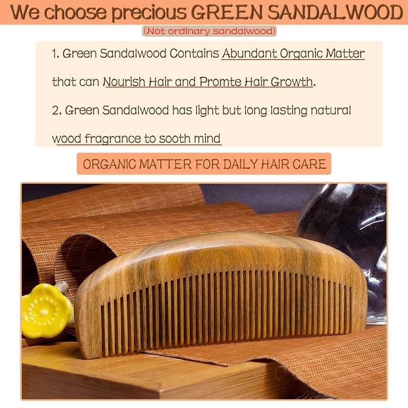 Moreinday Wooden Comb for Hair and Beard, Wood Comb for Scalp Massage and Distribute Oils - Green Sandalwood