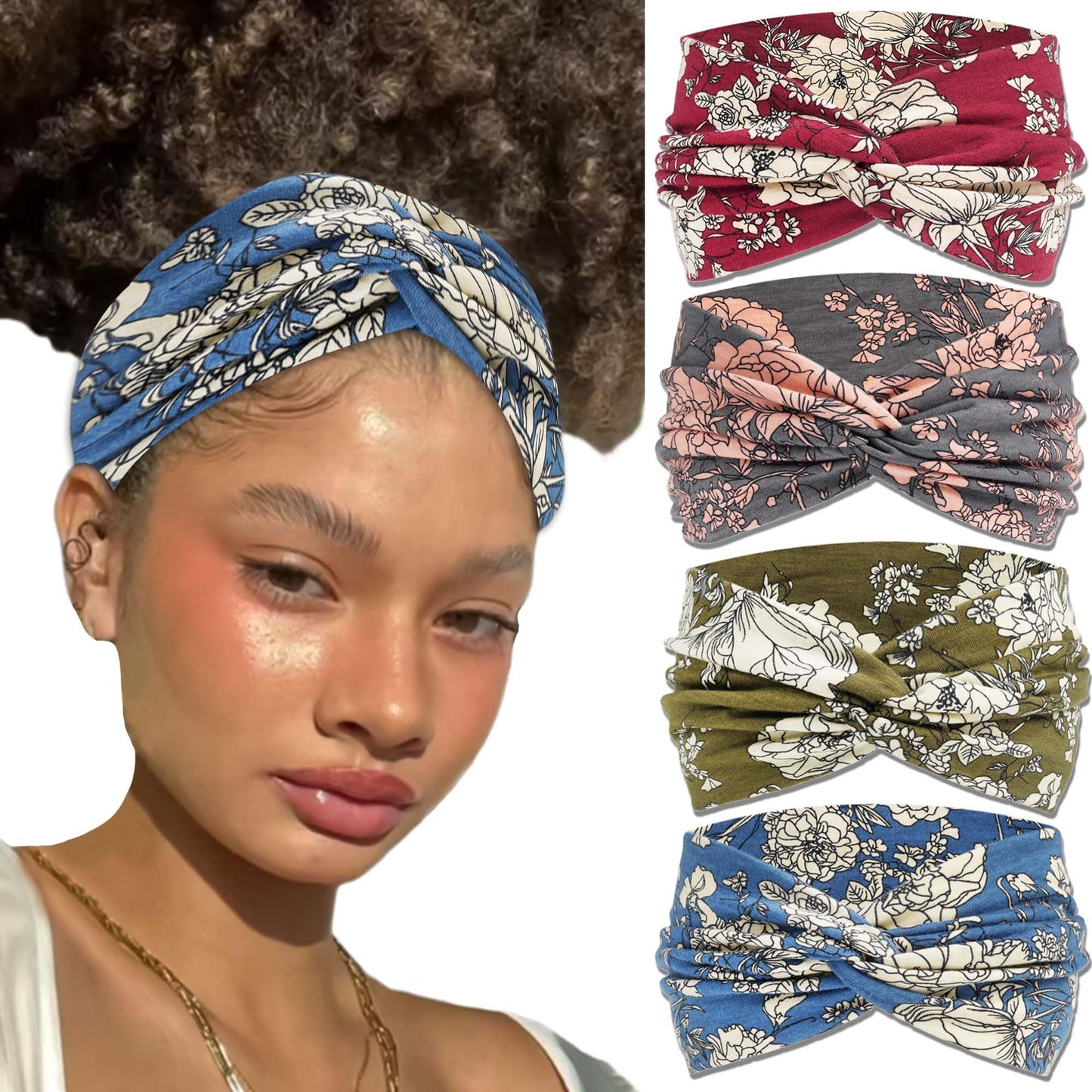 FARSYOD Boho Headbands For Women Wide Floral Hairbands Crisscross Stretchy Headwraps Fashion African Hair Turban Band for Girls Ladies NonSlip Workout Yoga Daily Life 4 Pack