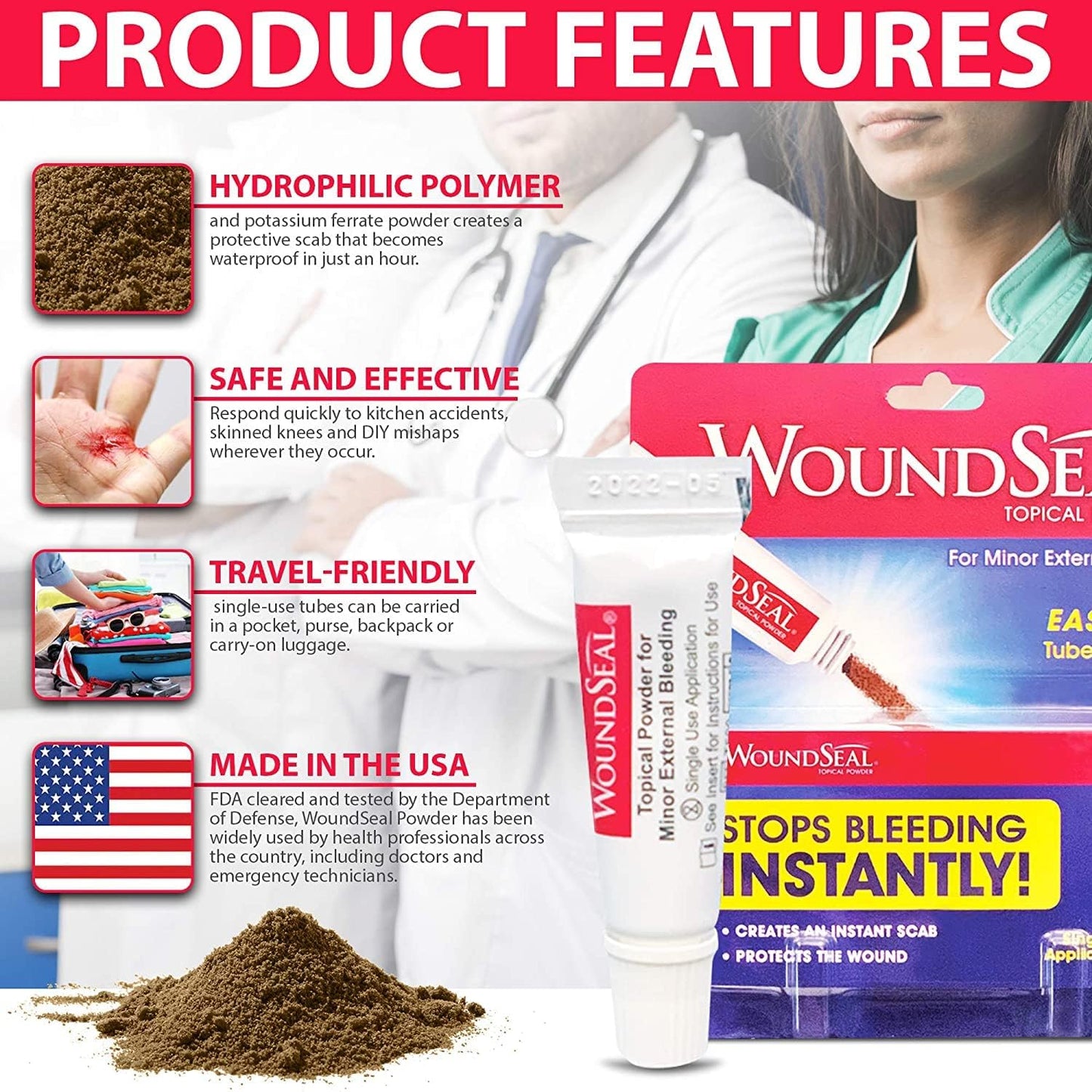 WoundSeal Powder 4 Each (Pack of 2) - Wound Care First Aid for Cuts, Scrapes and Abrasions - Stops Bleeding in Seconds Without Stitches or Bandages - Safe and Effective for People of All Ages and Pets