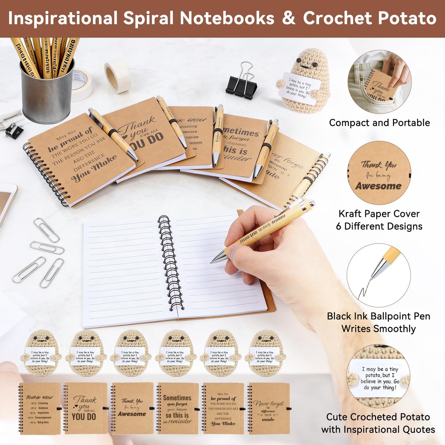 42 Pcs/6 Sets Employee Appreciation Gifts Bulk - Includes 16oz Glass Cups with Bamboo Lid, Positive Crochet, Inspirational Notebooks with Pens, Kraft Paper Gift Bags & Straw - Thank You Gifts for Coworkers, Teachers, Staff & Team