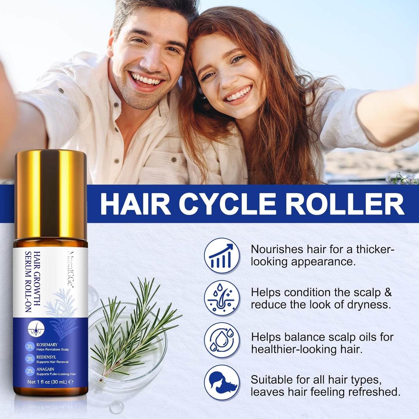 Hair Growth Serum Roll-On - Nourishing 30ml Oil with 3% Rosemary & Redensyl | Supports Scalp Health