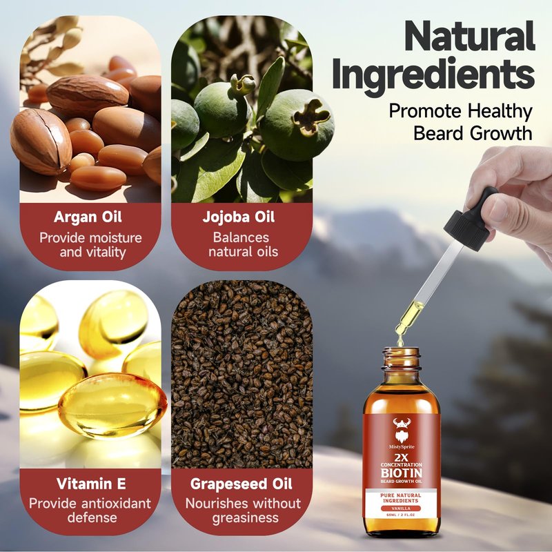 Beard Growth Oil - 2X Concentration Biotin for Men (2 oz) - Natural With Argan, Jojoba and Vitamin, Growth Softener, Moisturizer (Vanilla)