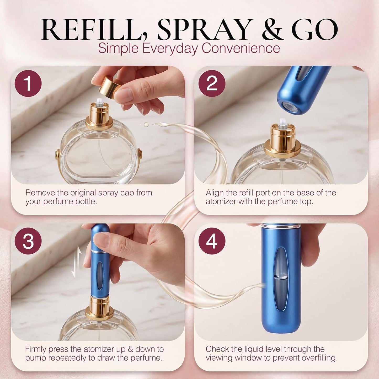 Refillable Travel Perfume Bottle - 5ml Leakproof Atomizer Sprayer | Portable Colors: Blue, Black, Pink, Silver