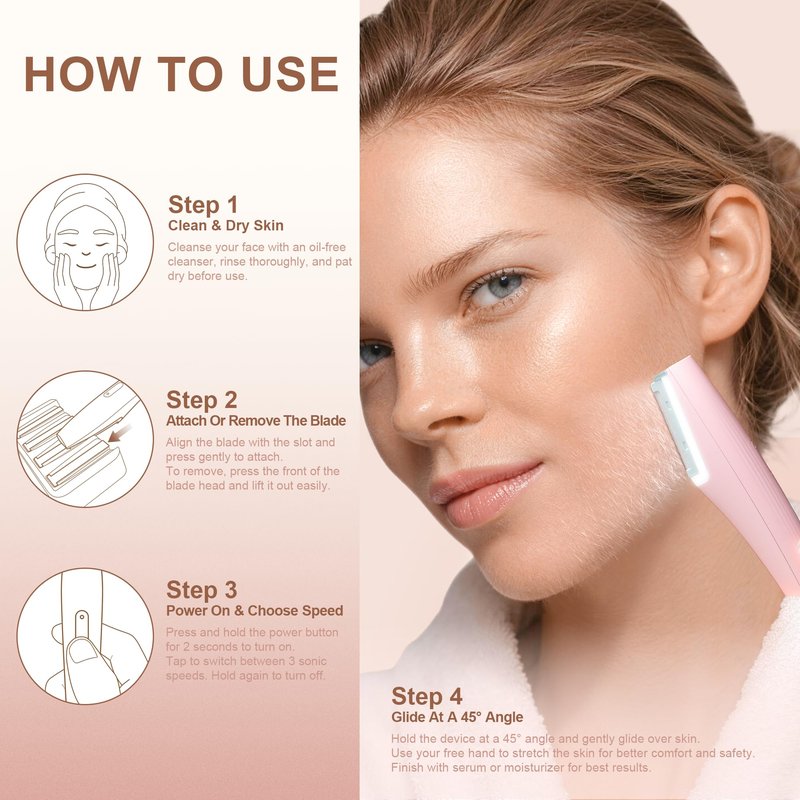 Sonic Dermaplaning Tool for Women Face,Peach Fuzz Remover with LED Light, 3 Speeds,Rechargeable Facial Hair Razor for Eyebrow, Cheeks, Upper Lip - Includes 5 Blades