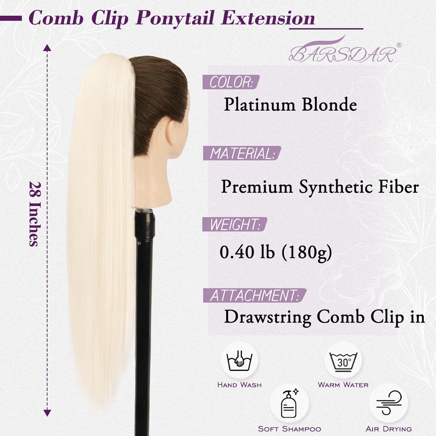 Platinum Blonde Straight Drawstring Ponytail Extension - 28 Inch Soft Synthetic Hairpiece for Daily Wear | Natural Look