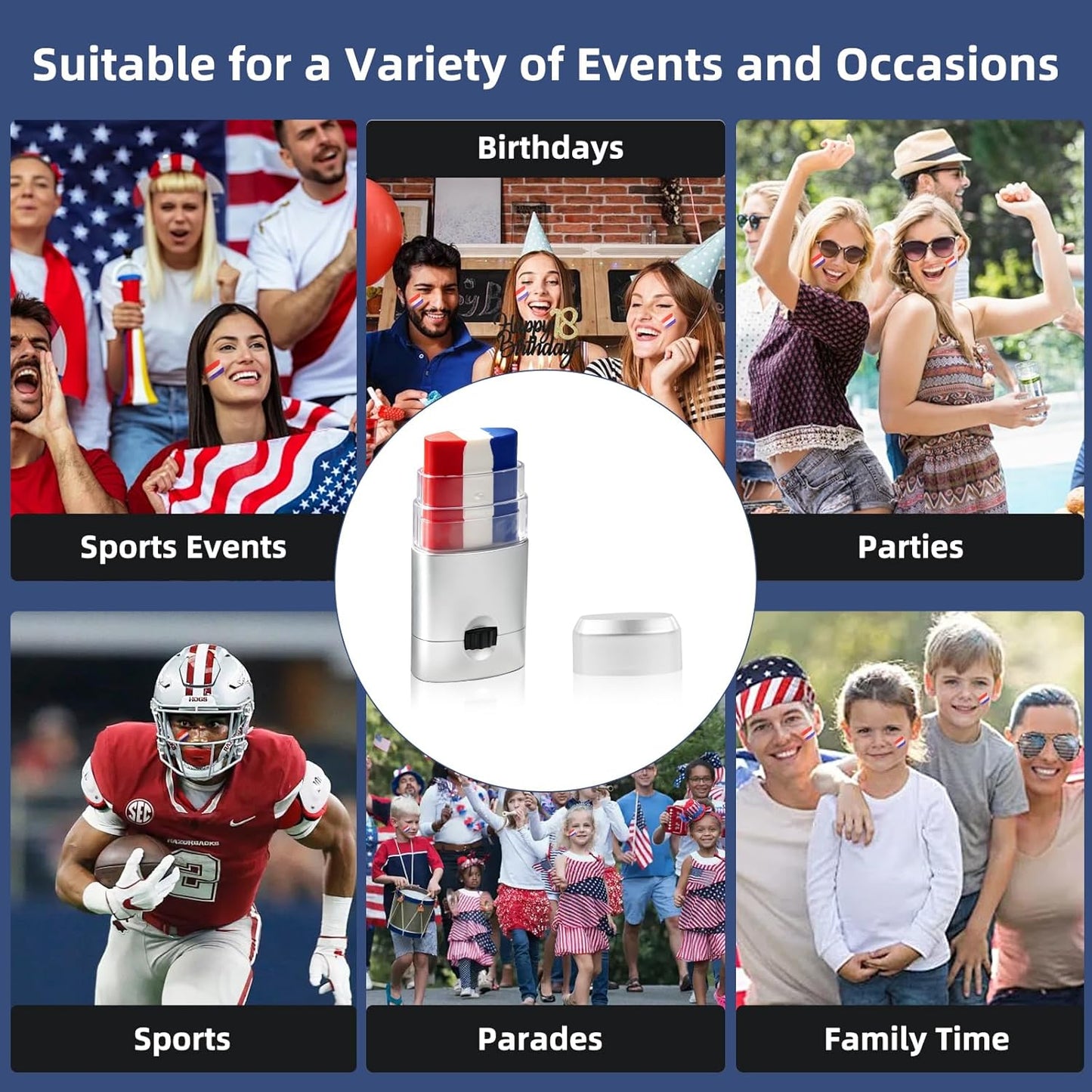 Patriotic Face Paint Stick - Red, White & Blue Makeup for 4th of July | Easy Application for Sports & Events (1 PCS)