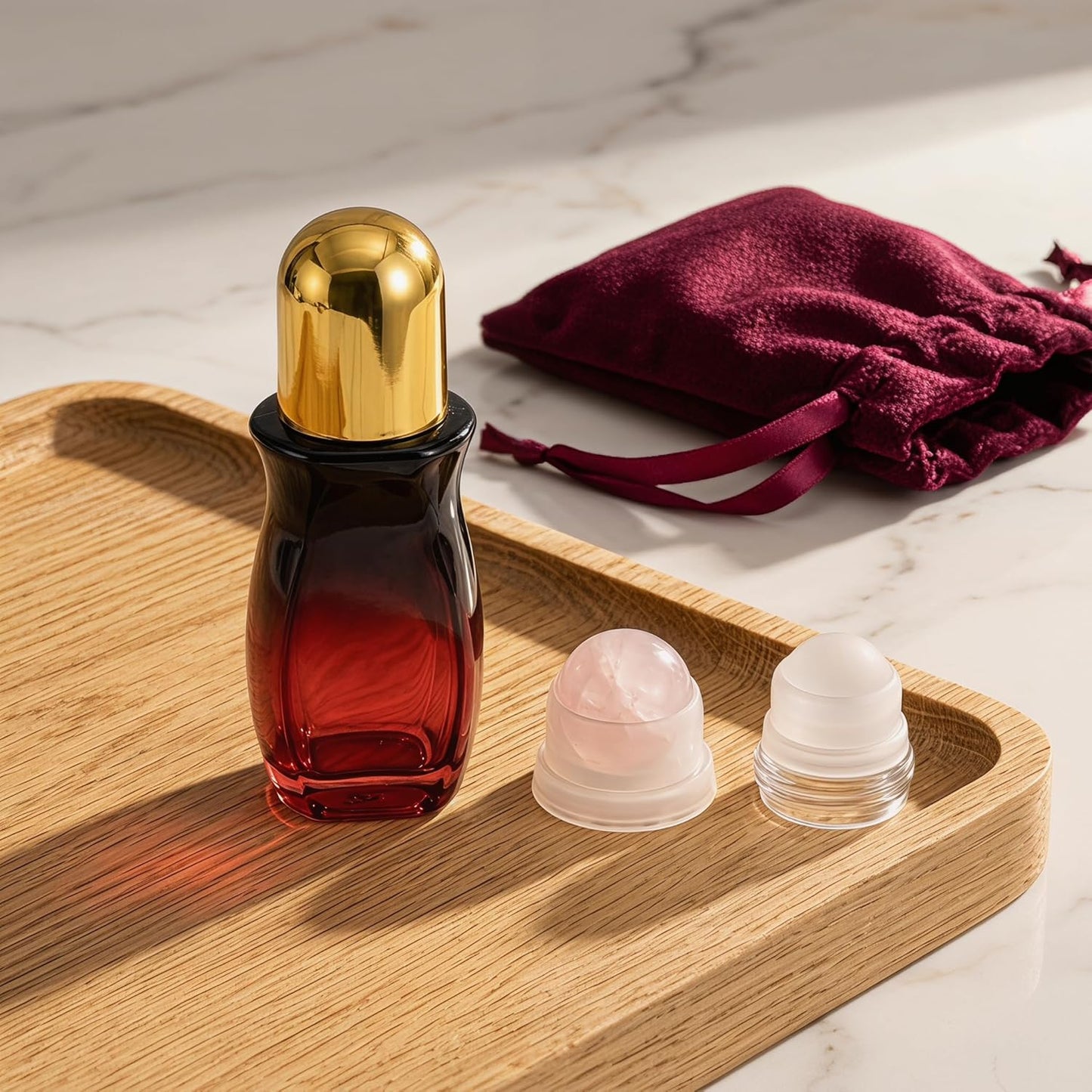 Rose Quartz Roller Bottle - 50ml Refillable Amber Glass Container | Leak-Proof Design with Pink Beads