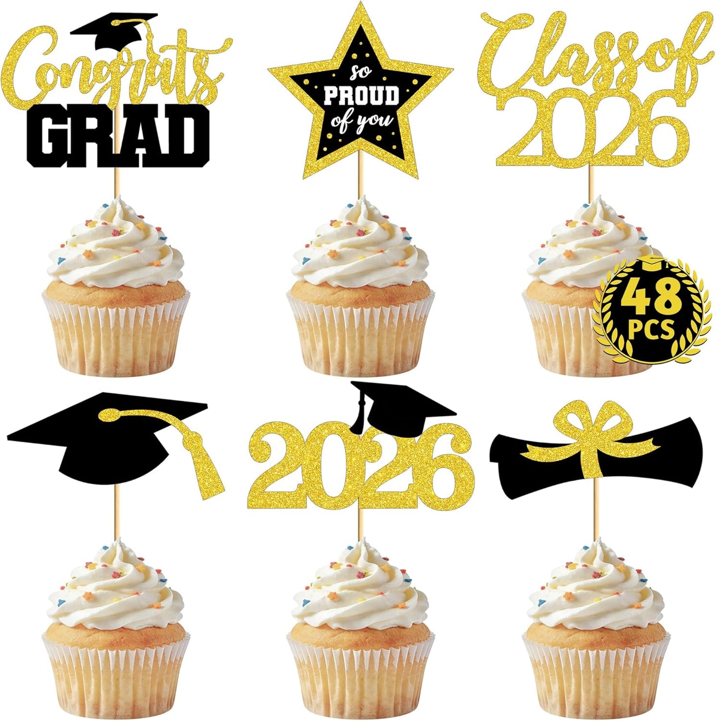 Graduation Cupcake Toppers - 48 PCS Black & Gold Congrats Grad Decorations | Glittery Cap & Diploma Picks for 2026 Party