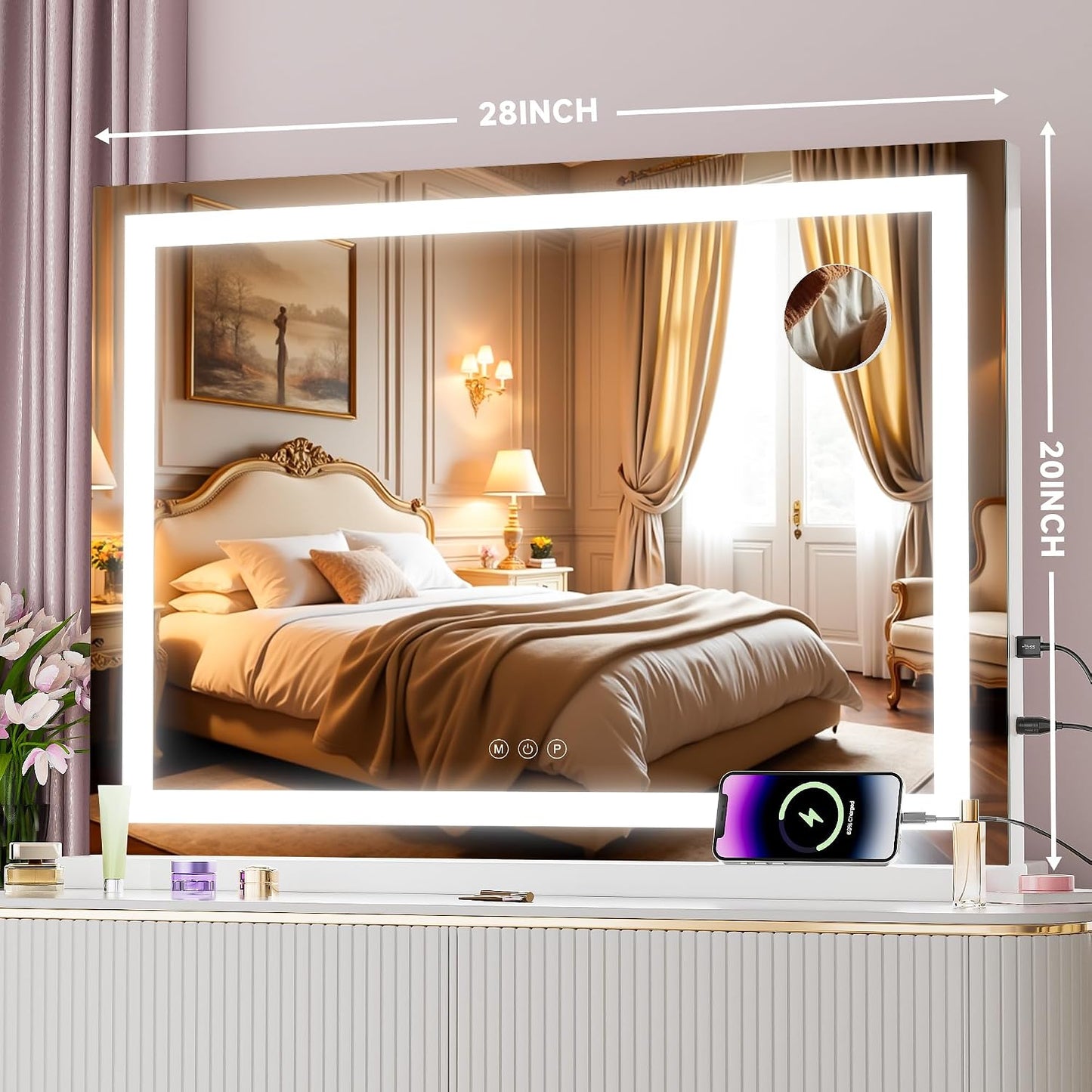 LED Makeup Mirror with Lights - 28" x 20" Dimmable Vanity Mirror | 10X Magnification, Smart Touch, USB Charging