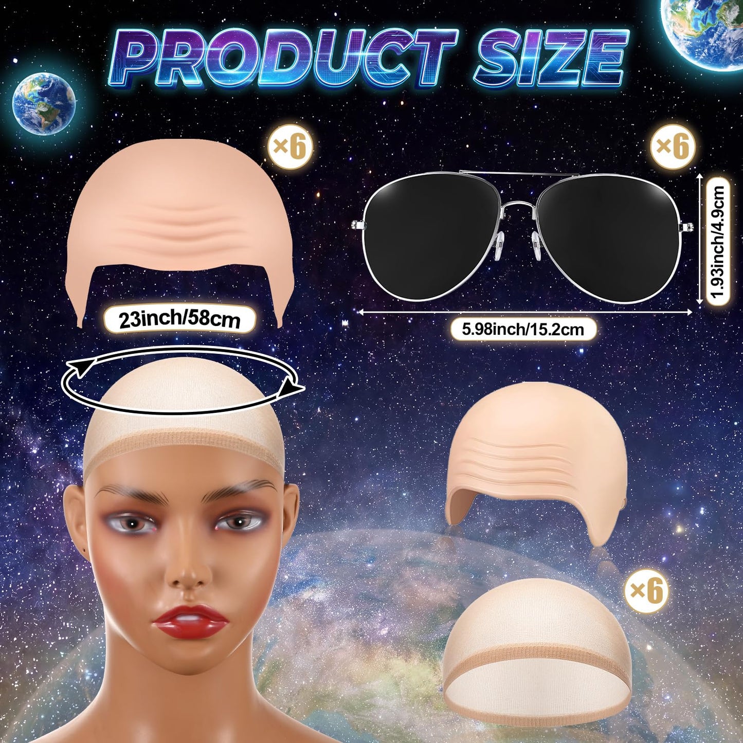 Thiccywoov 18 Pcs Bald Cap with Sunglass Set Makeup Bald Wig Cap Halloween Cosplay Party Costume Accessories for Men Women Adults