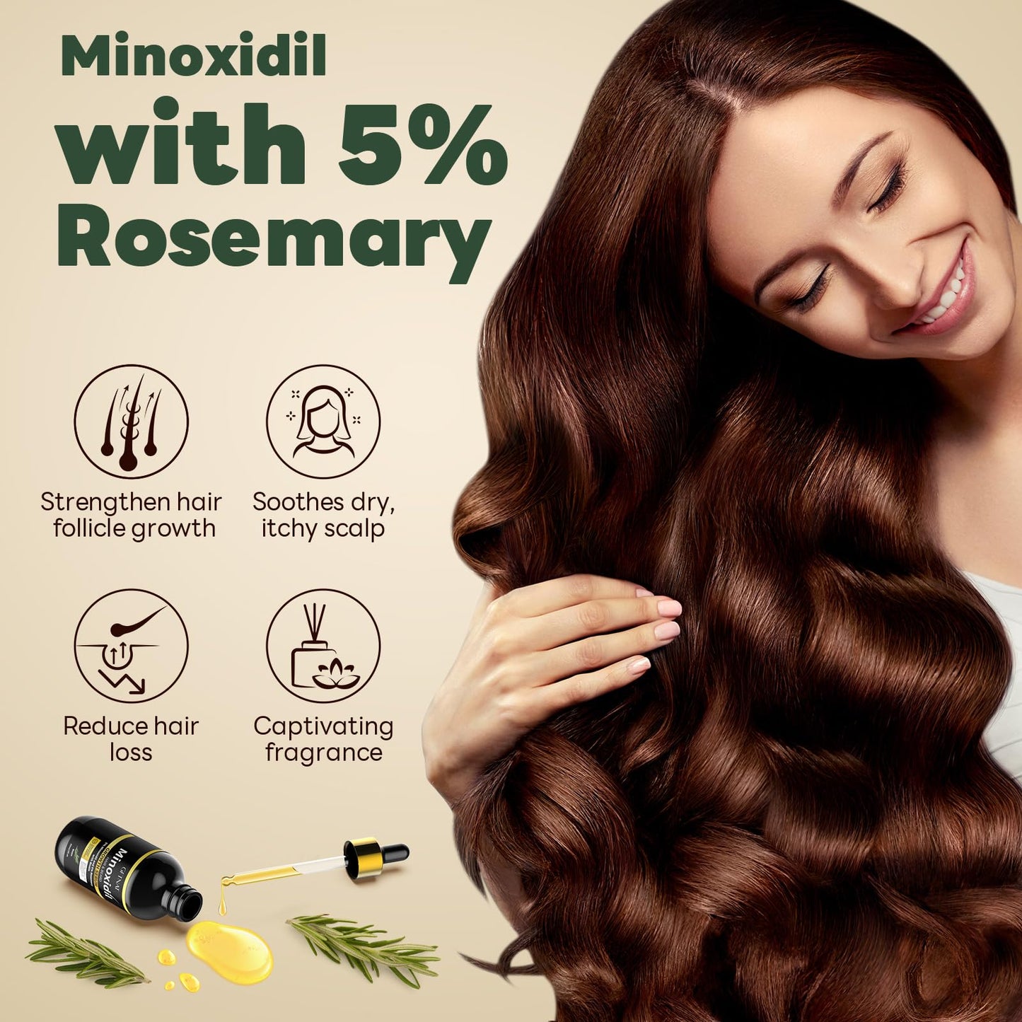 5% Minoxidil with Rosemary for Men and Women Hair Growth,Beard Growth Kit,Scalp Serum for Thicker Fuller Hair - 1.9 FI Oz (Pack of 2)