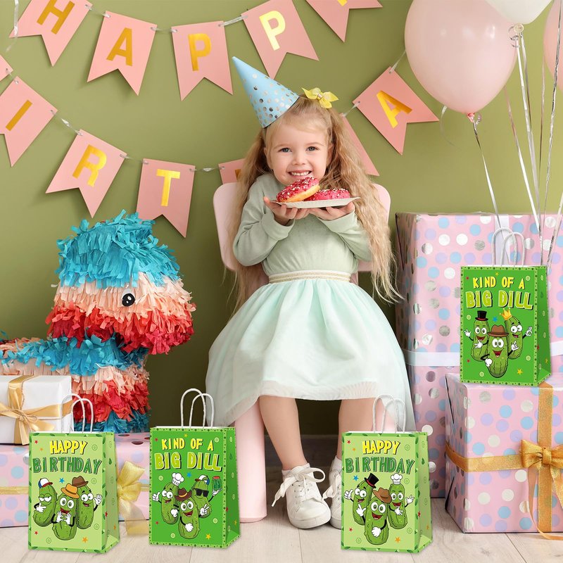 Pickle Party Favor Bags KIND OF A BIG DILL Paper Bags Big Cucumber HAPPY BIRTHDAY Gifts Bag Cute Cartoon Cucumber Wrapping Paper Funny Game Night Party Decorations for Adults Kids Birthday Supplies