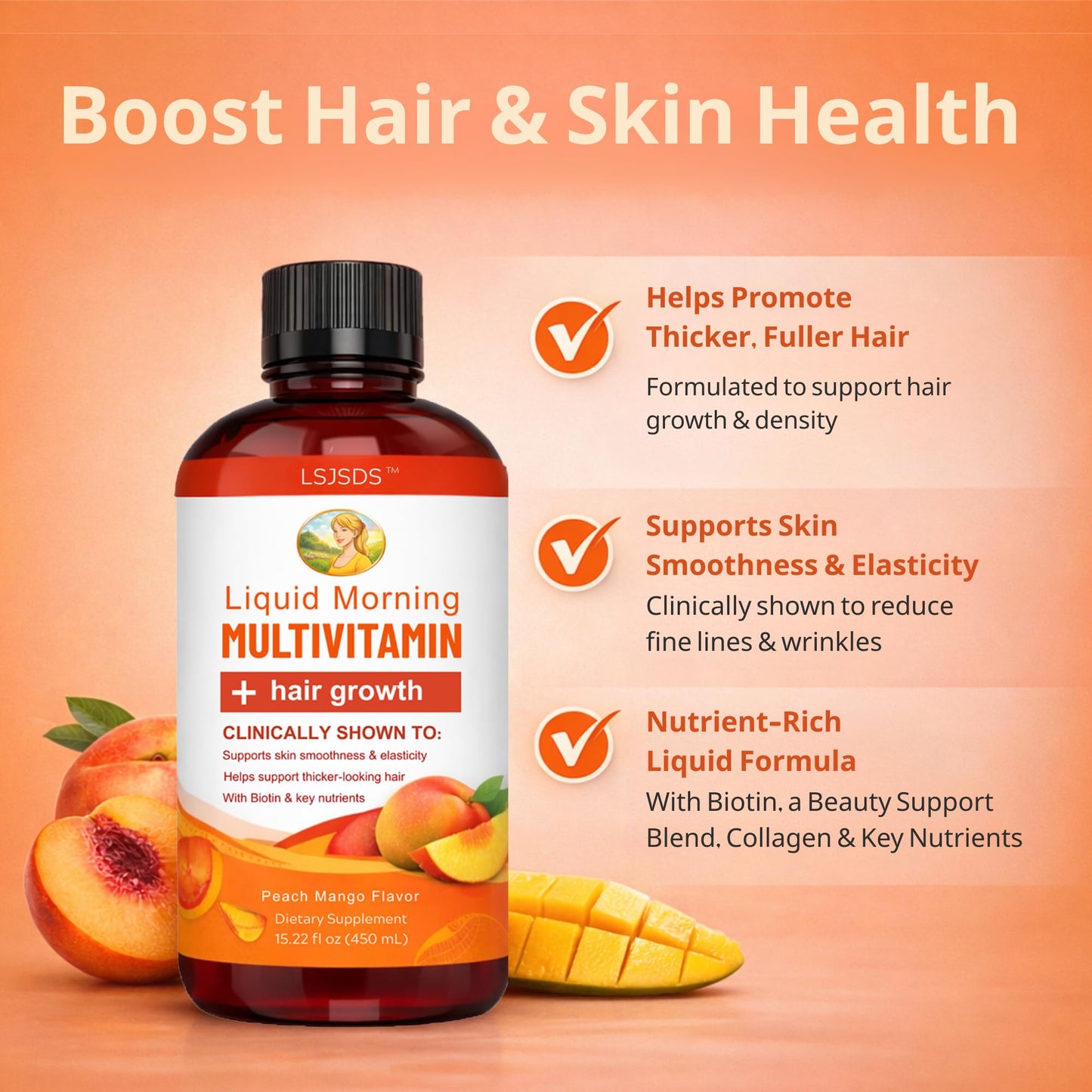 LSJSDS Liquid Multivitamin,Hair Growth,15.22 fl oz / 450ml,Support Healthy Skin,Promote Thicker,Fuller Hair,Reduce Wrinkles & Fine Lines (Peach Mango)