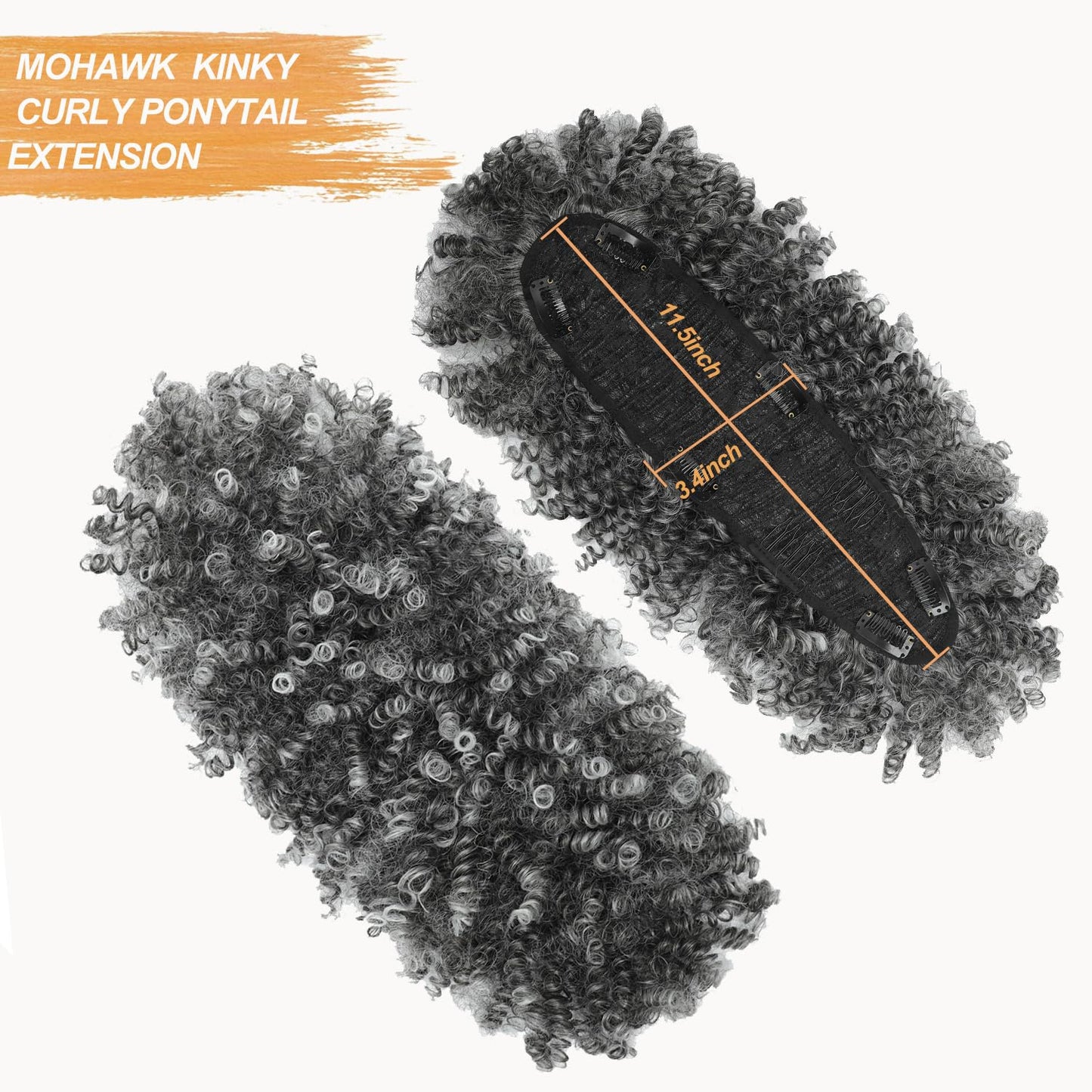 Kinky Curly Mohawk Wig - Short Grey Ponytail with Bangs | Fluffy Synthetic Clip-On Hair 1B/Grey