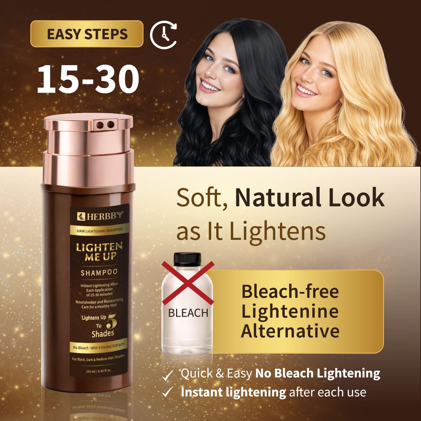 HERBBY Hair Lightening Shampoo, Bleach-Free with 9 Herbals Formula for Lightening Black, Dark & Medium Hair Colors – Instant Lightening with each use, No Damage – 250ml