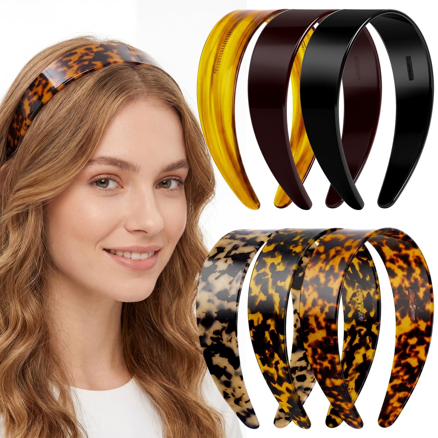 Rivvlive 6 Pcs Tortoise Shell Wide Headband Acetate Non Slip Hair Band for Women Fashion Retro Hair Accessories with Teeth Leopard Headband for Daily Party Makeup