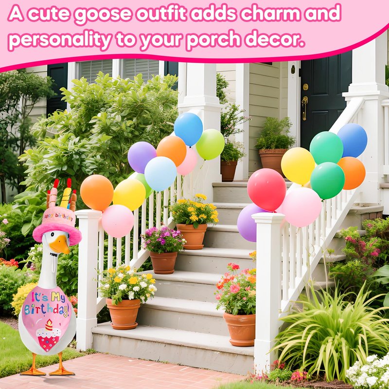 Wanocean Porch Goose Outfits, Happy Birthday Outfits Set with Cake Hat & Bow-Tie, Mothers Day Gifts for Women Mom Wife, Porch Cement Goose Costume Fit 17"- 23" Geese for Outdoor Garden Decor,Pink