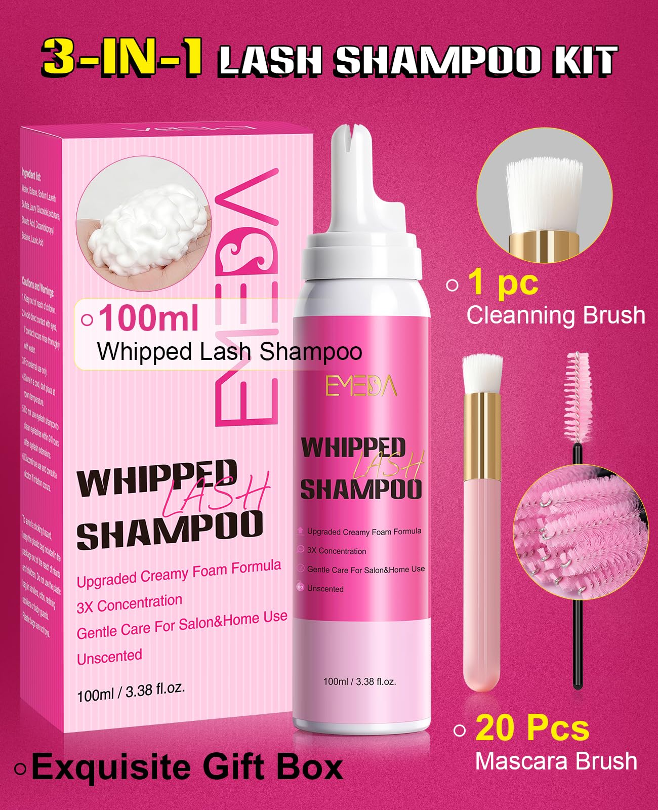 EMEDA Whipped Lash Shampoo Kit, Deep Cleanser Foam, 100ml Lash Cleaning Kit with Brush, Cleanser for Extension & Cluster & Strips Eyelash, Salon & Home Use Supplies (Unscented)