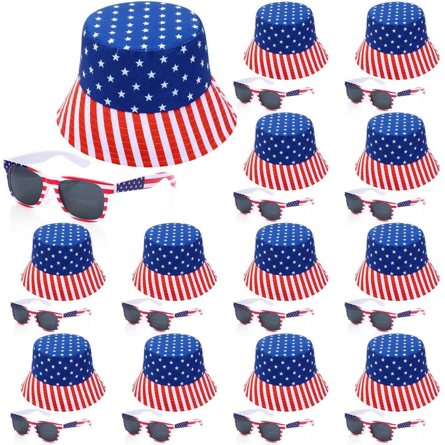 Chicingyou 24 Pcs 4th of July Accessories American Flag Hats and Patriotic Sunglasses Bulk USA Star Patriotic Cap Red White Blue Hats (Bucket Hats)