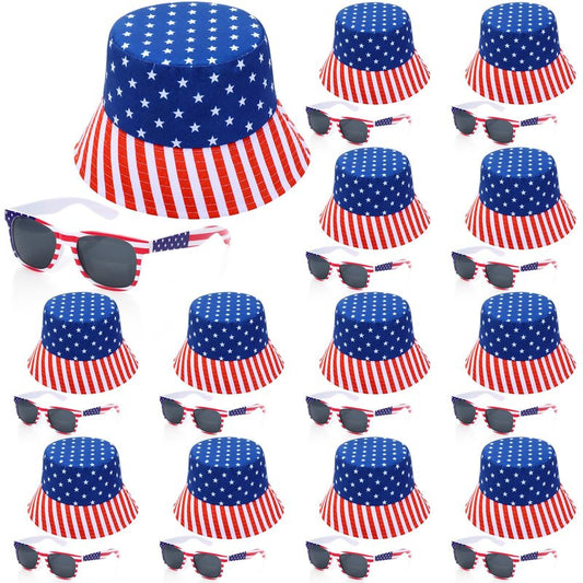 Chicingyou 24 Pcs 4th of July Accessories American Flag Hats and Patriotic Sunglasses Bulk USA Star Patriotic Cap Red White Blue Hats (Bucket Hats)