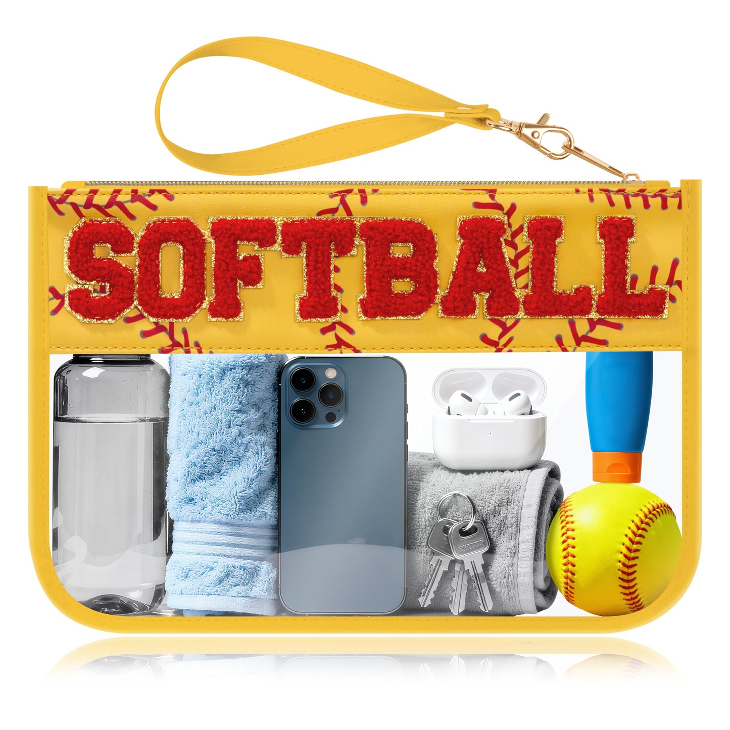 BuyCard Softball Gifts Makeup Bag with Chenille Letter Patch, Clear Cosmetic Pouch PVC Organizer Purse, Waterproof Travel Bag, Portable Toiletry Storage Bag for Her Friends