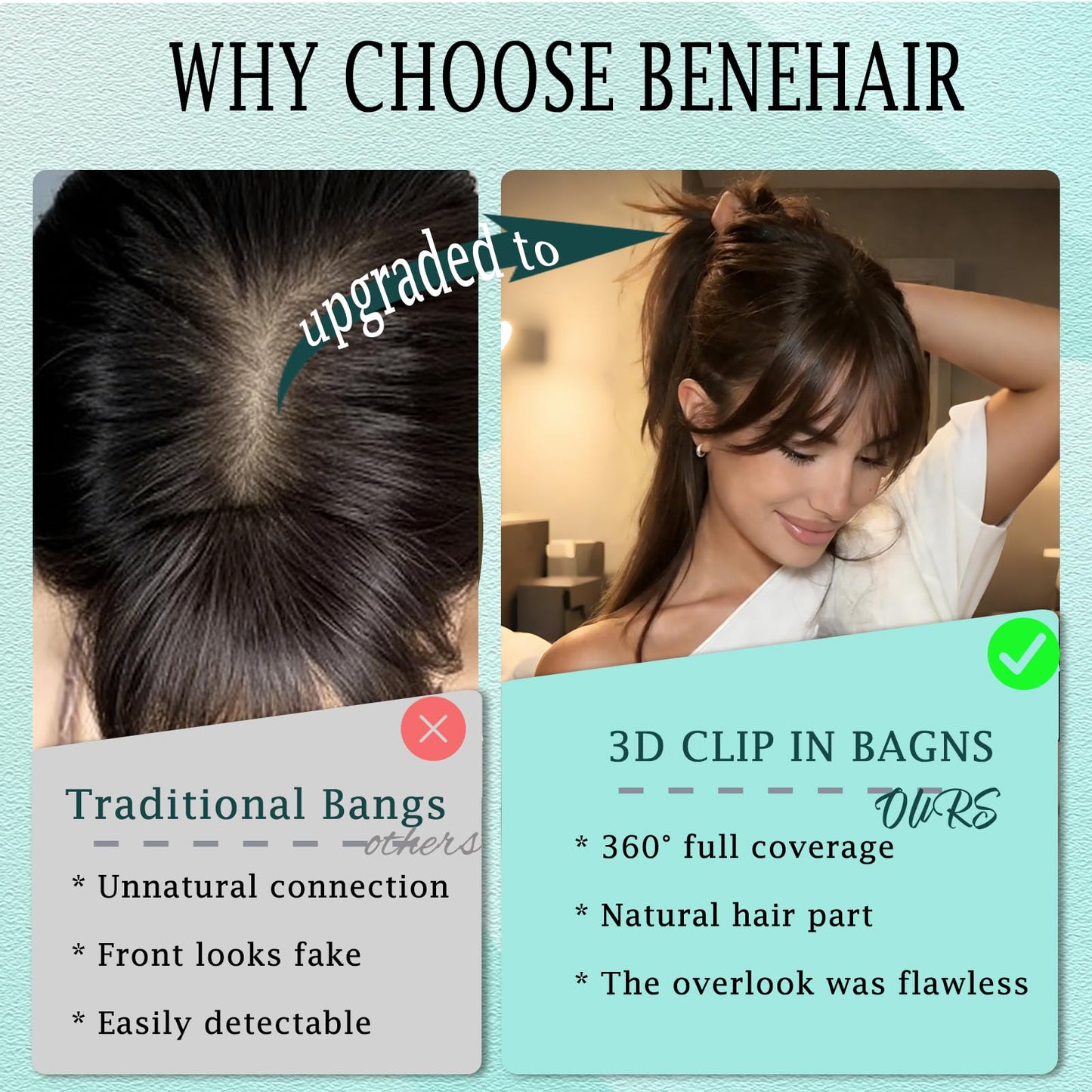 Benehair Clip on Bangs Real Human Hair with 360° Full Coverage, 3D Air Bangs for Daily Wear, Wispy Bang Natural Seamless Fit for Women French Bang Light Brown #06
