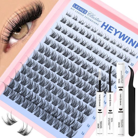 HEYWINK DIY Lash Extension Kit Natural Look Wispy Lash Clusters D Lashes Clusters 8-18mm Eyelash Extension Kit Lash Bond and Seal Lash Tweezers Individual Lashes Lash Cluster Kit For Beginners