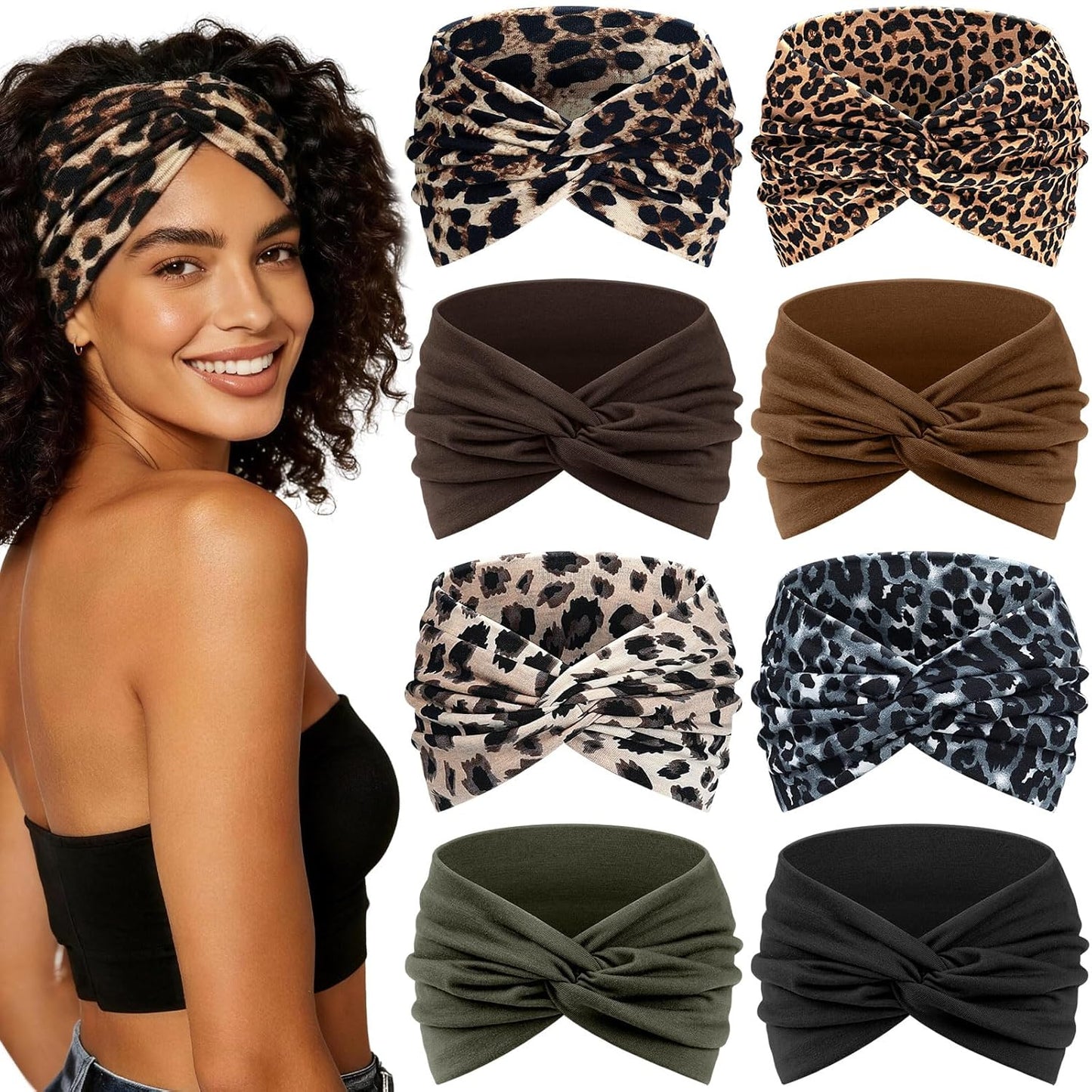 Wide Headbands for Women - 7.08 Inch Thick Boho Turban Hair Wraps | Non-Slip, Moisture-Wicking, 8 Pack Multi Colors