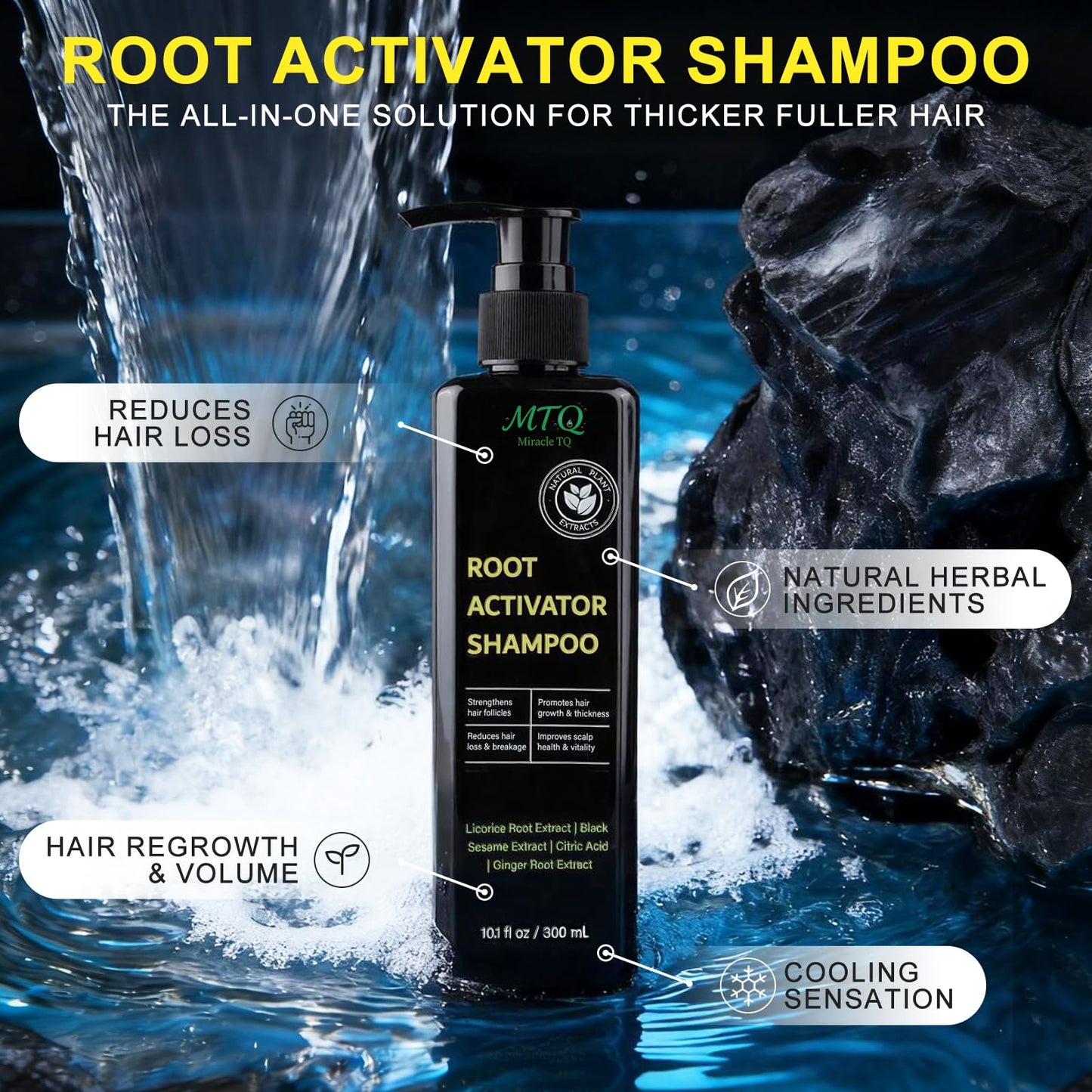 Miracle TQ Root Activator Shampoo for Men & Women - Anti Hair Loss & Mens Hair Regrowth Shampoo with Natural Herbal Ingredients & Biotin - For Scalp Health & Cooling Sensation, 10.1 Fl Oz /300ml