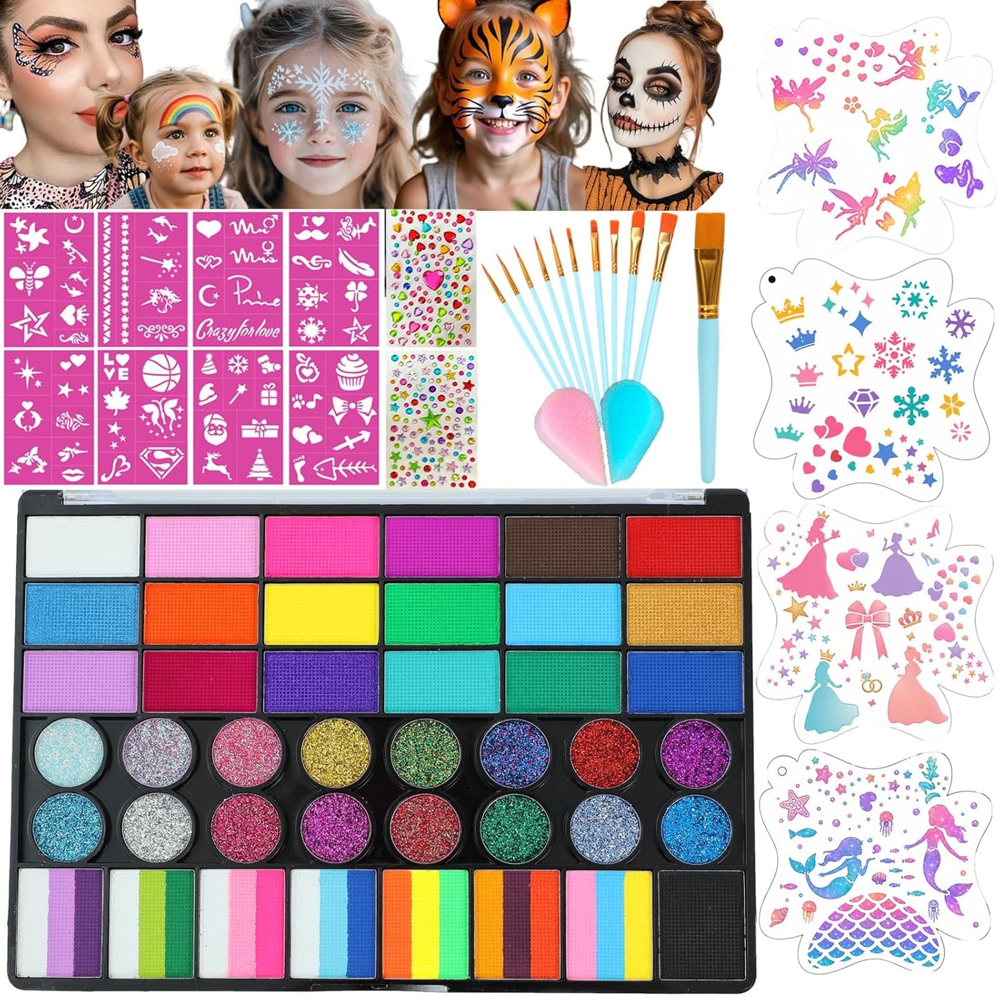 Face Painting Kit for Kids - 42 Color Non-Toxic Water Activated Makeup Set with Brush, Stencil & Sponge | Perfect for Parties & Holidays