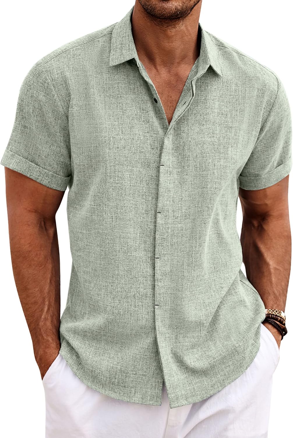 Men's Linen Short Sleeve Button Down Shirt - Casual Summer Beach Wedding Attire