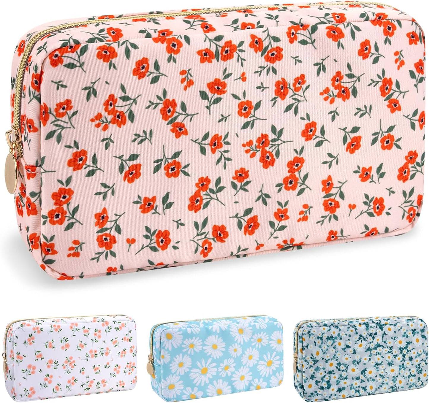 Floral Makeup Bag - Cute Pink Nylon Zipper Pouch for Travel | Waterproof Cosmetic Organizer for Women