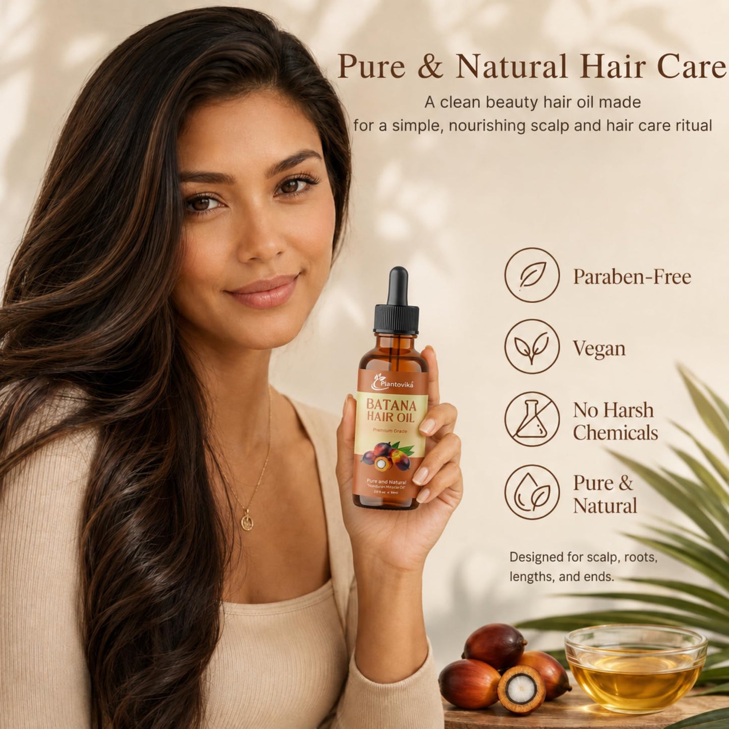Plantovika Batana Oil for Hair Growth, 100% Pure Honduran Cold-Pressed Raw Unrefined Hair Mask & Scalp Treatment, Dr. Sebi Inspired for Damaged Hair, Men & Women, All Hair Types, 2 fl oz