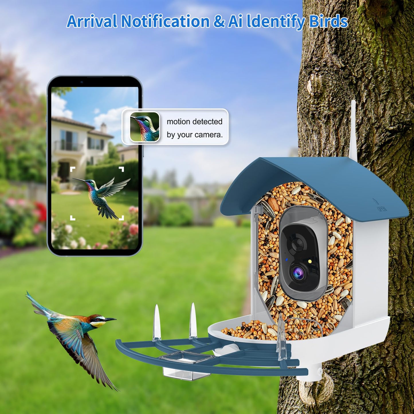Bird Feeder with Camera,AI Identify Birds Species,Smart Bird Camera with Solar Powered,Auto Record FHD Birds Video in Backyard,Instant Notifications,Ideal Gift for Family and Bird Lovers,Navy Blue