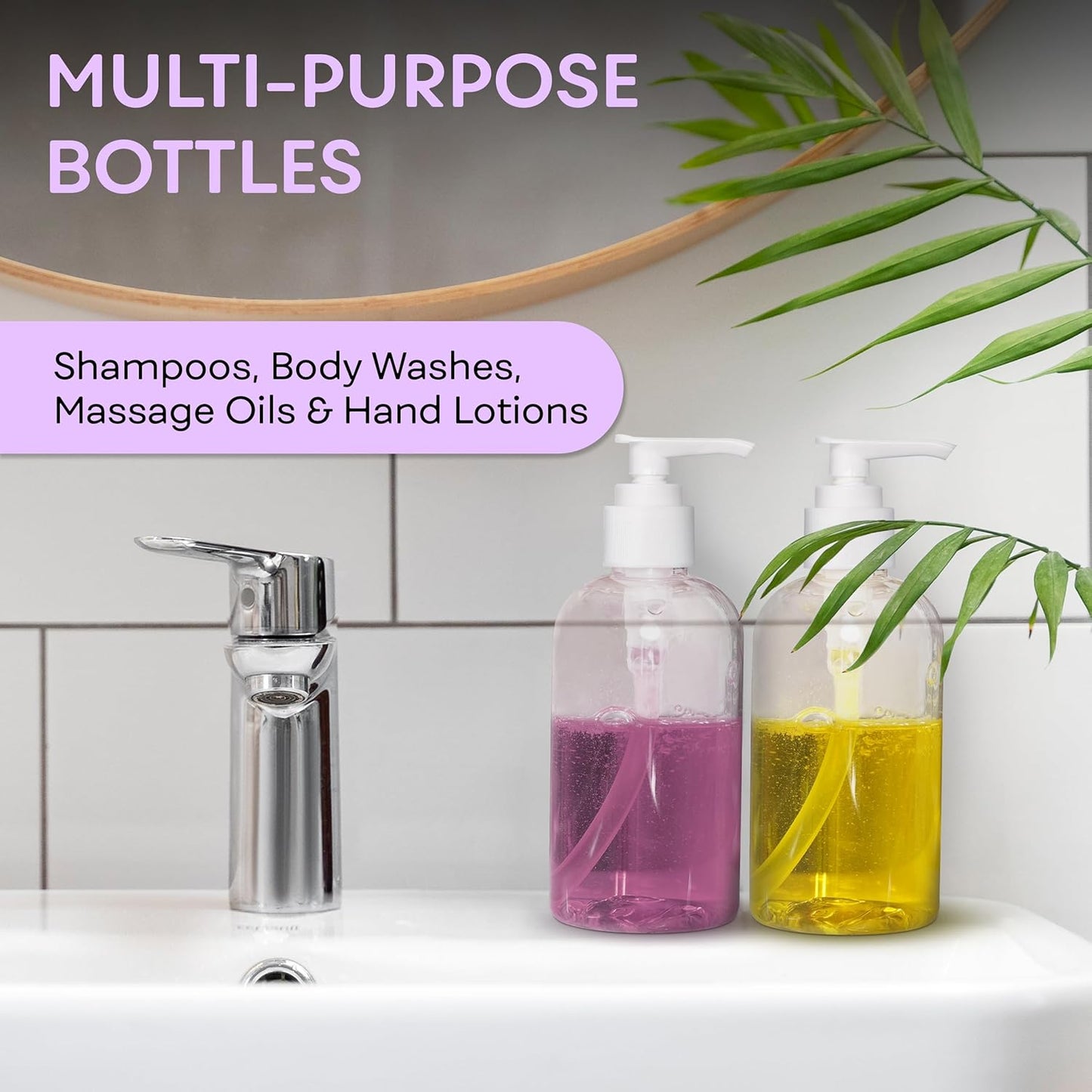 Plastic Pump Dispenser Bottles - 8 OZ BPA-Free Refillable Containers for Body Wash, Moisturizer, Face Cream | Clear/White - 2 Pack