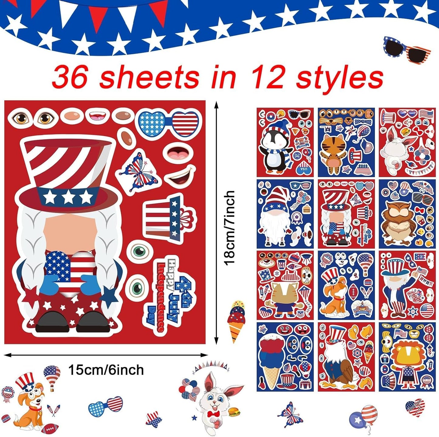 36 Pack 4th of July Crafts for Kids - DIY Patriotic Face Stickers & Party Decorations