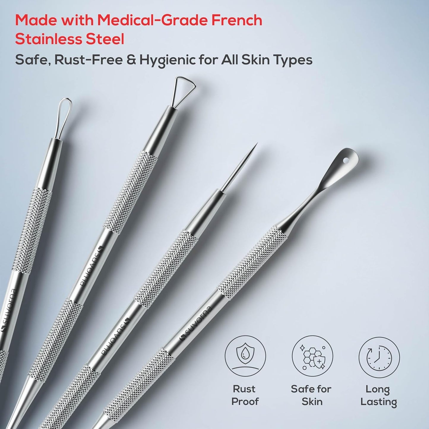 Suvorna Pimple Popper Tool Kit - 4-Piece Stainless Steel Blackhead & Whitehead Extractor Set | Facial Extraction Tools