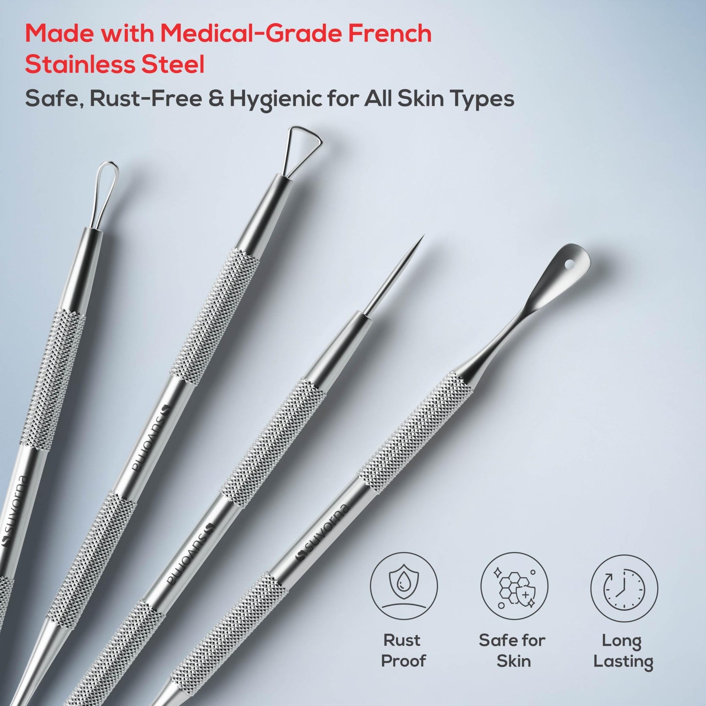 Suvorna Pimple Popper Tool Kit & Milia Remover, 4-Piece Stainless Steel Blackhead Extractor, Whitehead & Comedone Extractor with Lancets for Facial Extraction