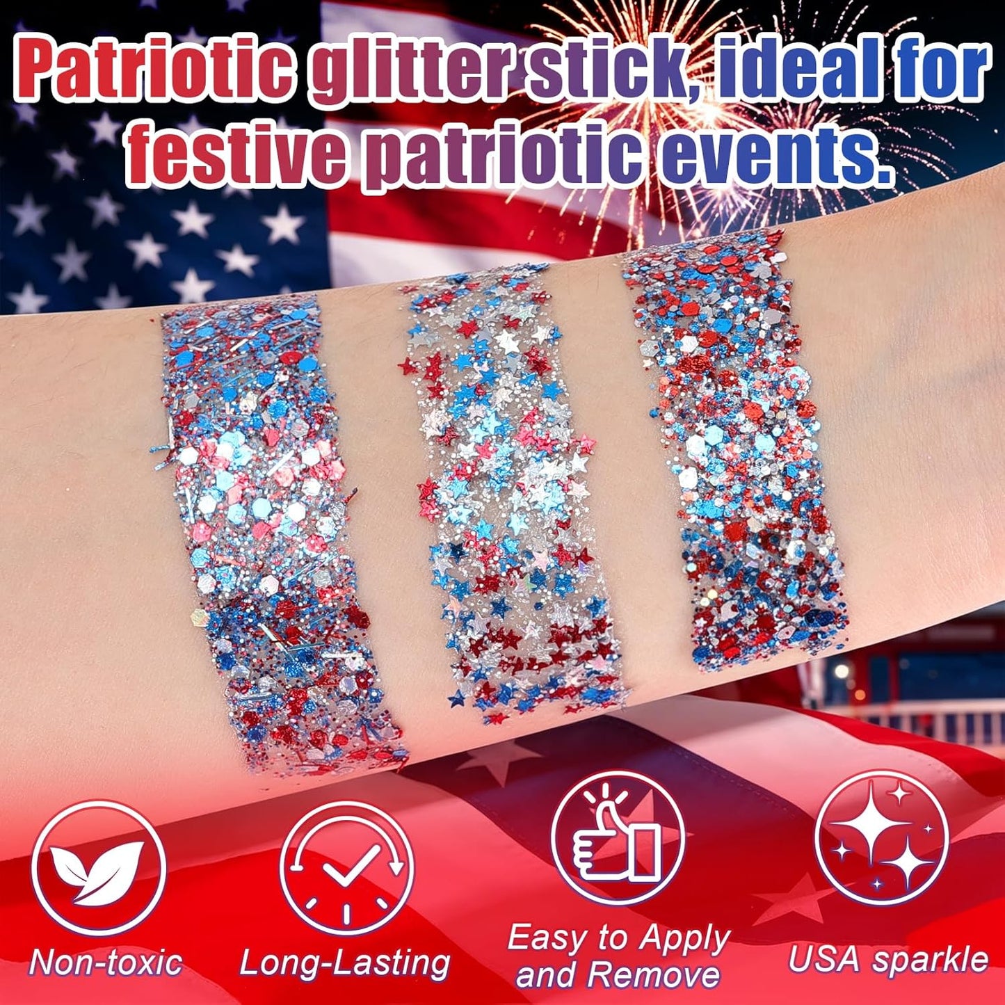 Patriotic Hair & Body Glitter Stick - Shimmer Red, White & Blue Glitter for 4th of July Makeup | Festival & Concert Accessories