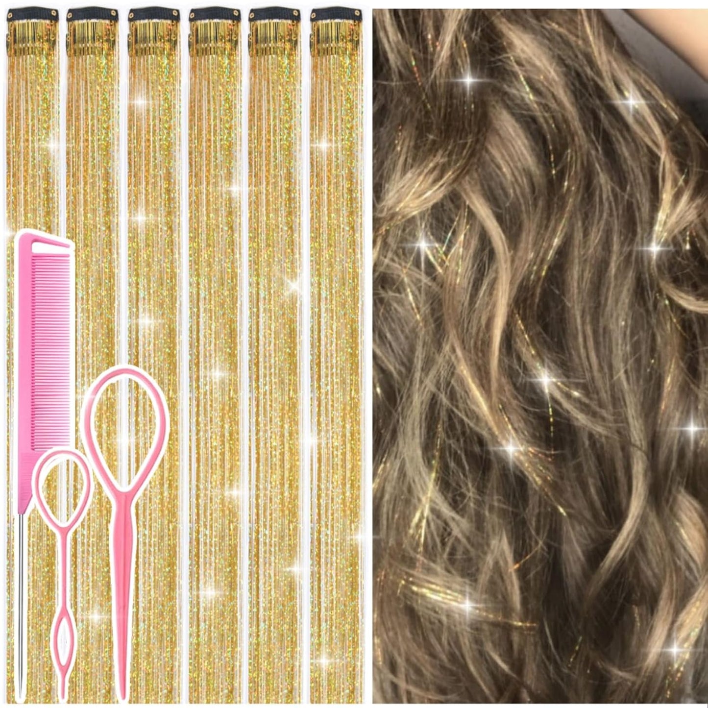 Hair Tinsel Kit - 12 Pcs Colorful Glitter Clip-In Extensions | 24 Inch for Girls, Women & Kids