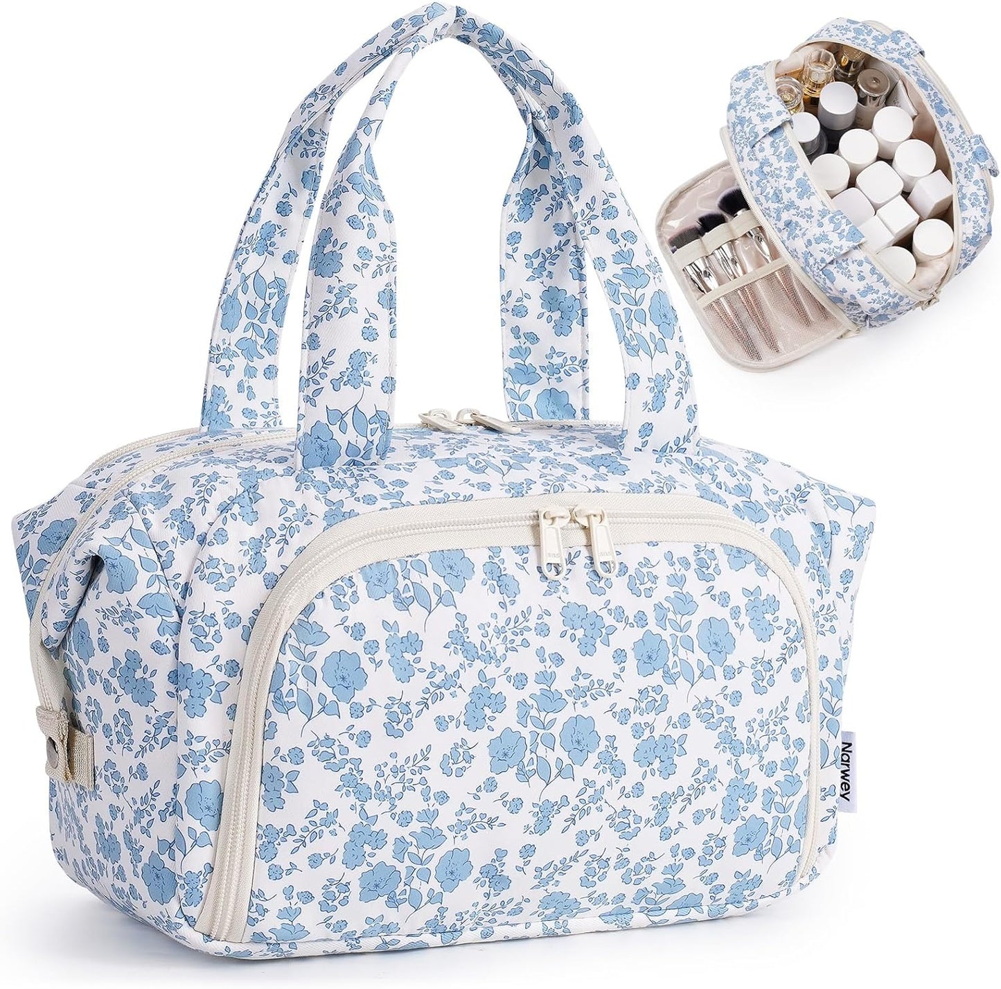 Travel Toiletry Bag for Women - Checkered Makeup Organizer with Handle | Large Size, Wet Pocket (Green Checker)