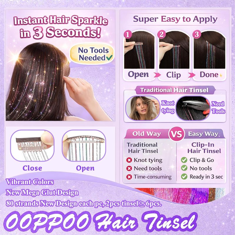 Clip In Hair Tinsel Kit - 26 Inch Colorful Glitter Extensions for Girls & Women | Heat Resistant Sparkly Hair Accessories (Rainbow & Gold)